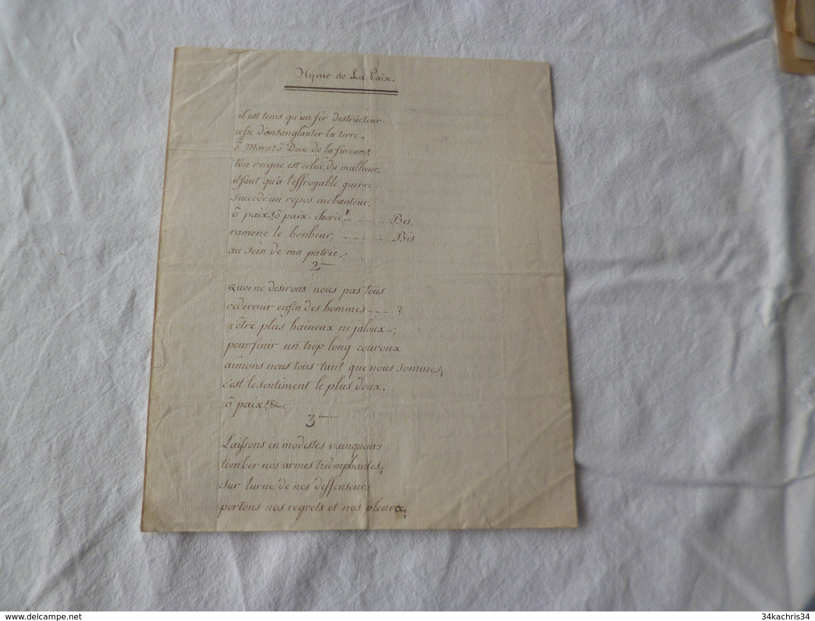 Chanson Poésie Manuscrit Révolution Hymne à La Paix Conseil Des  Cents 19ème - Manuscripts