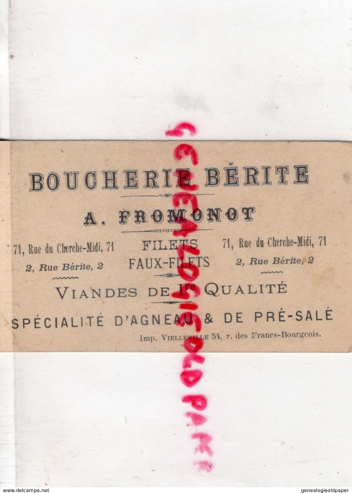 75- PARIS- 6 EME- CHROMO BOUCHERIE BERITE- A. FROMONOT-BOUCHER -71 RUE DU CHERCHE MIDI- AGNEAU ET DE PRE SALE- - Autres & Non Classés