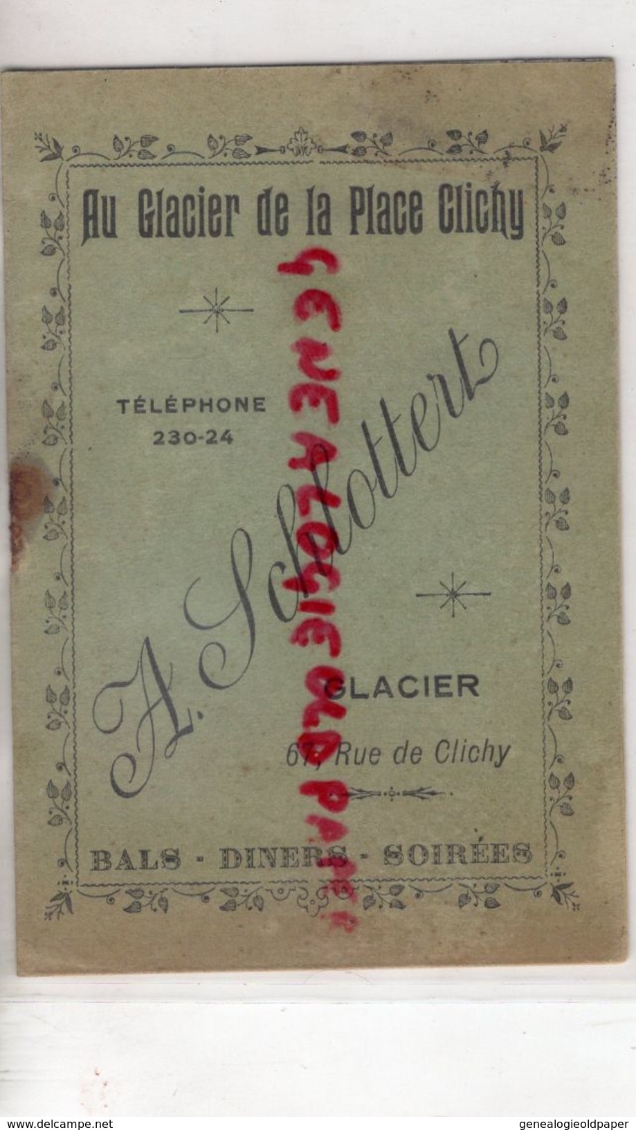 75- PARIS- 18 EME- RARE CARNET A. SCHLOTTERT-AU GLACIER PLACE DE CLICHY-GLACES SORBETS-BALS-BAL-IMPRIMERIE J. COULON - Petits Métiers