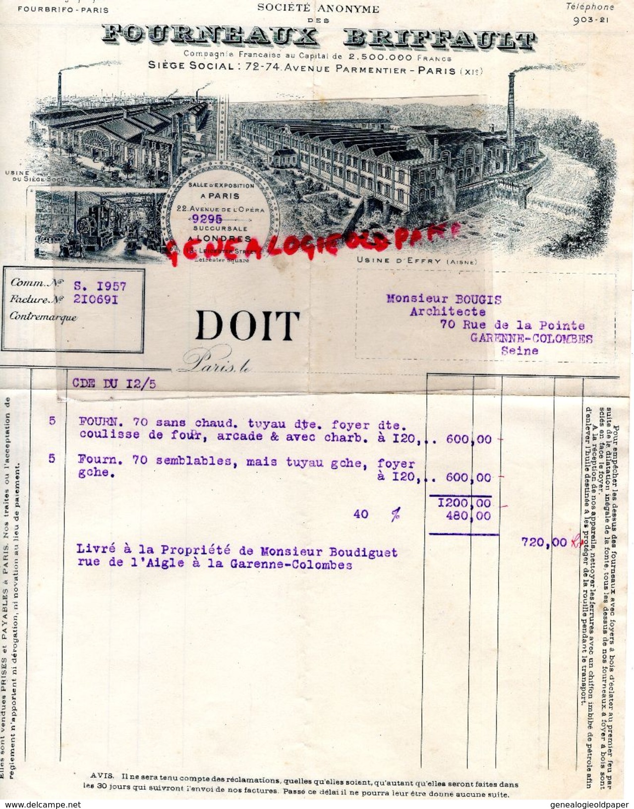 02- USINE EFFRY- 75- PARIS- BELLE FACTURE FOURNEAUX-BRIFFAULT-72 AV. PARMENTIER- TOLERIE-EMAILLERIE-EMAIL-FONDERIE - Petits Métiers