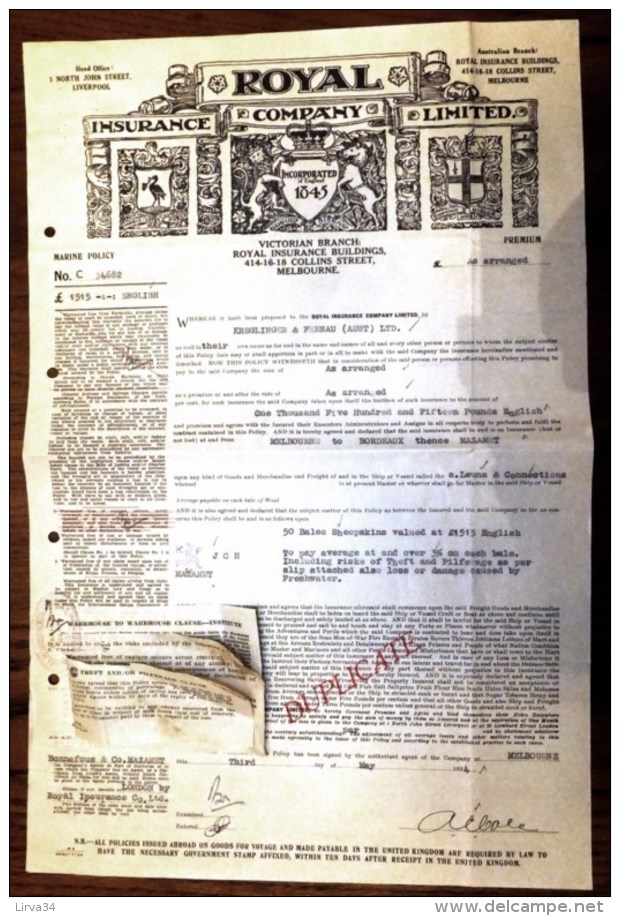 LOT 5 DOCUMENTS AUSTRALIE- MELBOURNE-ROYAL INSURANCE COMPANY DUPLICATA FRET PEAUX DE MOUTONS- 1934- 5 SCANS - Australië