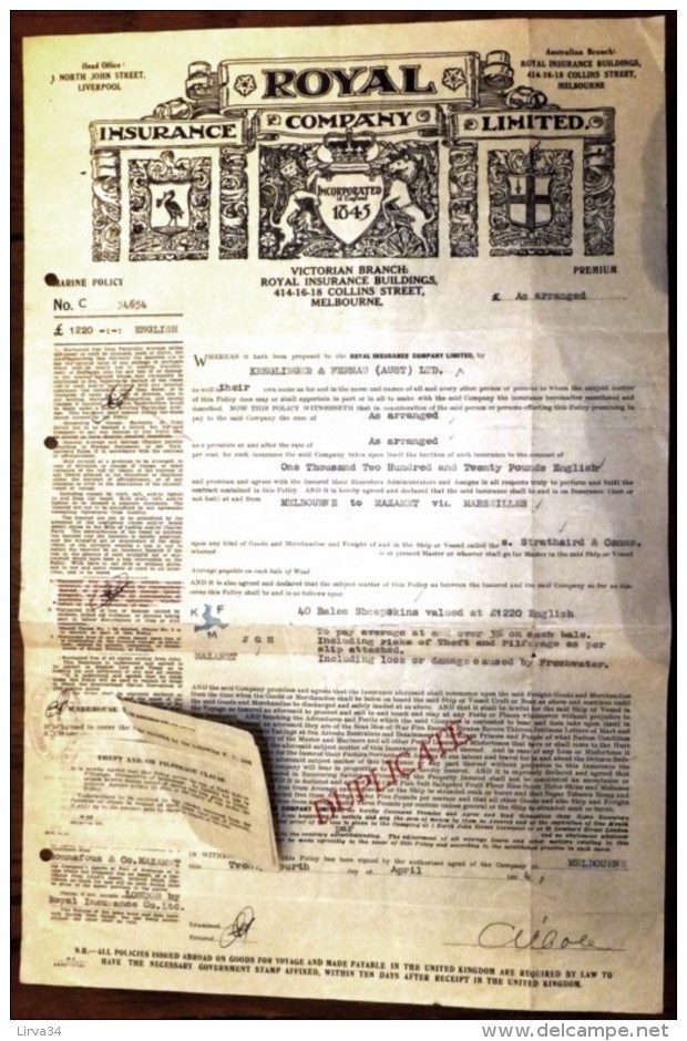 LOT 5 DOCUMENTS AUSTRALIE- MELBOURNE-ROYAL INSURANCE COMPANY DUPLICATA FRET PEAUX DE MOUTONS- 1934- 5 SCANS - Australië