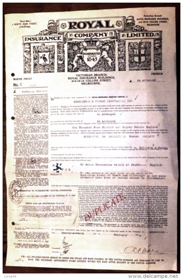 LOT 5 DOCUMENTS AUSTRALIE- MELBOURNE-ROYAL INSURANCE COMPANY DUPLICATA FRET PEAUX DE MOUTONS- 1934- 5 SCANS - Australië