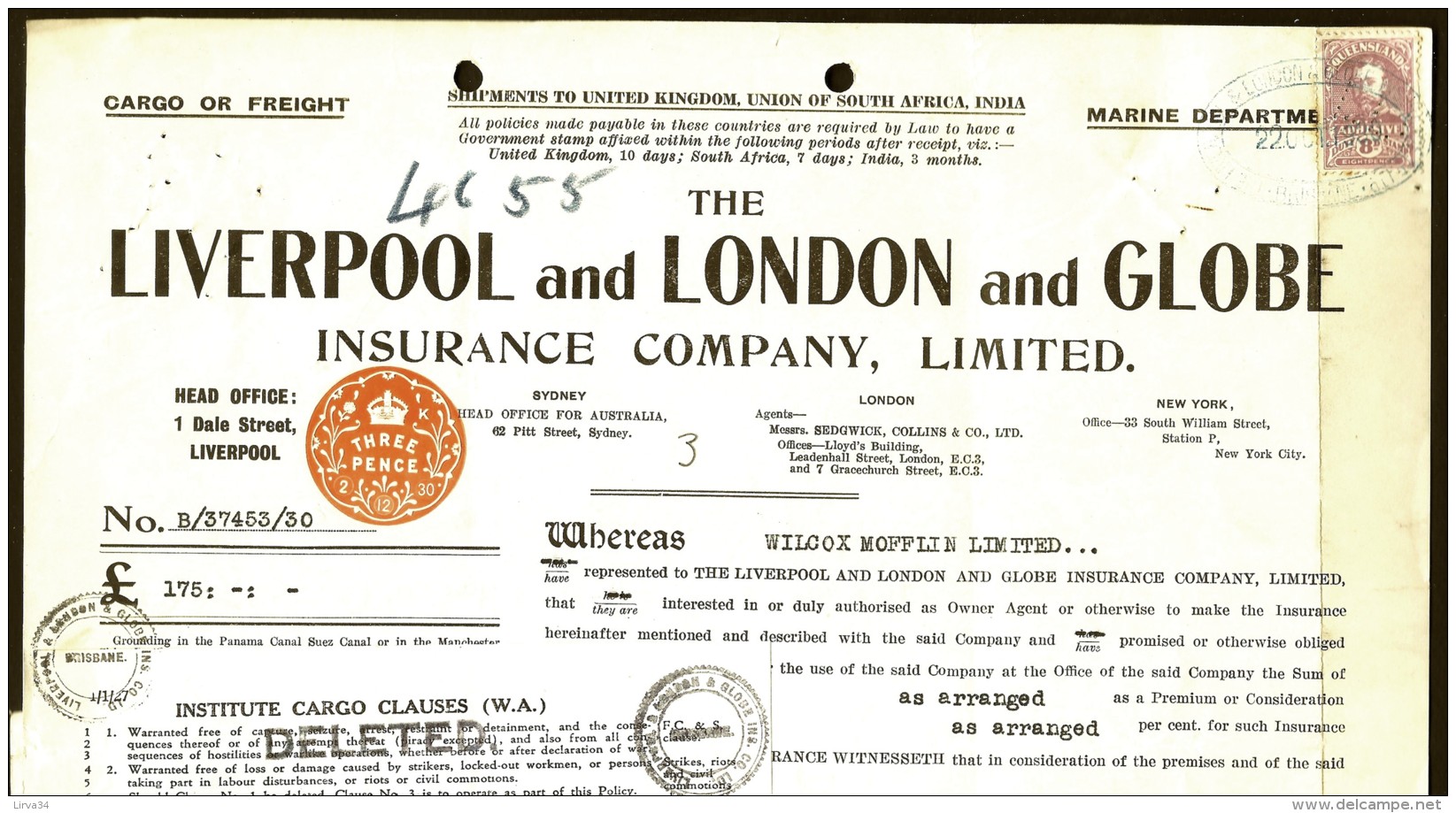 DOCUMENT AUSTRALIE : BRISBANE- LIVERPOOL AND LONDON AND GLOBE AVEC TIMBRE 1934- FRET PEAUX DE MOUTONS- 4 SCANS - Australie
