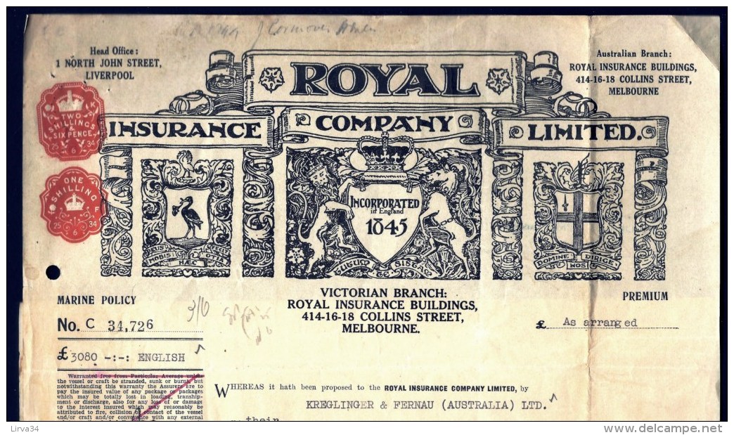 DOCUMENT AUSTRALIE : MELBOURNE-ROYAL INSURANCE COMPANY AVEC TIMBRE 1934- FRET PEAUX DE MOUTONS- 3 SCANS - Australia