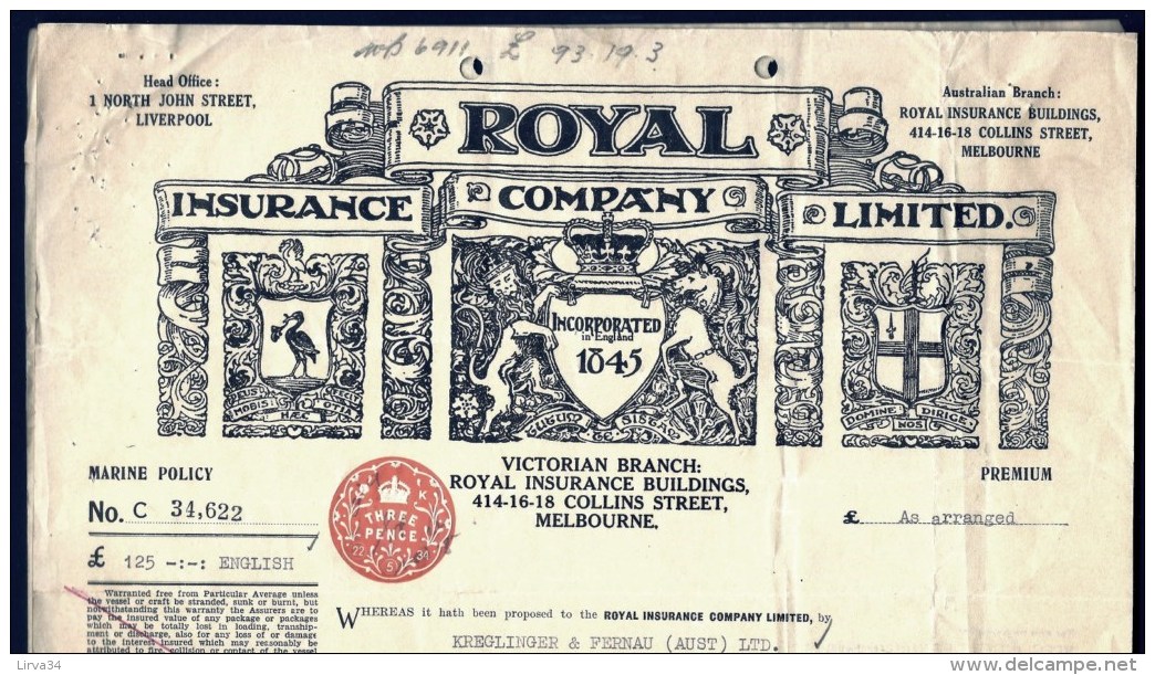 DOCUMENT AUSTRALIE : MELBOURNE-ROYAL INSURANCE COMPANY AVEC TIMBRE 1934- FRET PEAUX DE MOUTONS- 3 SCANS - Australien