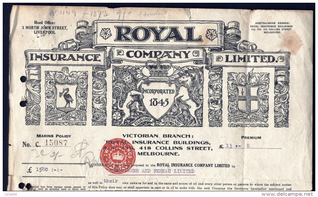 DOCUMENT AUSTRALIE : MELBOURNE-ROYAL INSURANCE COMPANY AVEC TIMBRE 1924- FRET PEAUX DE MOUTONS- 3 SCANS - Australie