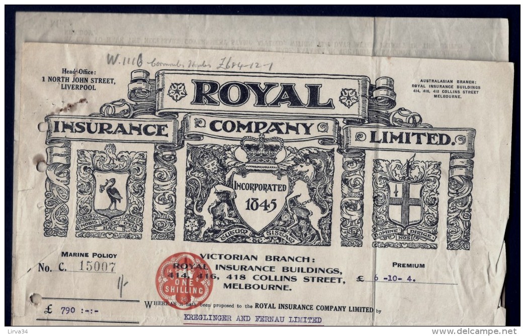 DOCUMENT AUSTRALIE : MELBOURNE-ROYAL INSURANCE COMPANY AVEC TIMBRE 1924- FRET PEAUX DE MOUTONS- 3 SCANS - Australie