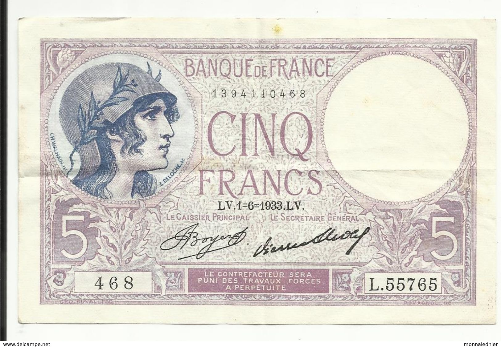 5 Frs , VIOLET , 1.6.1933 , N° C.Fayette : 3.17 , Côte : 12 € - 5 F 1917-1940 ''Violet''