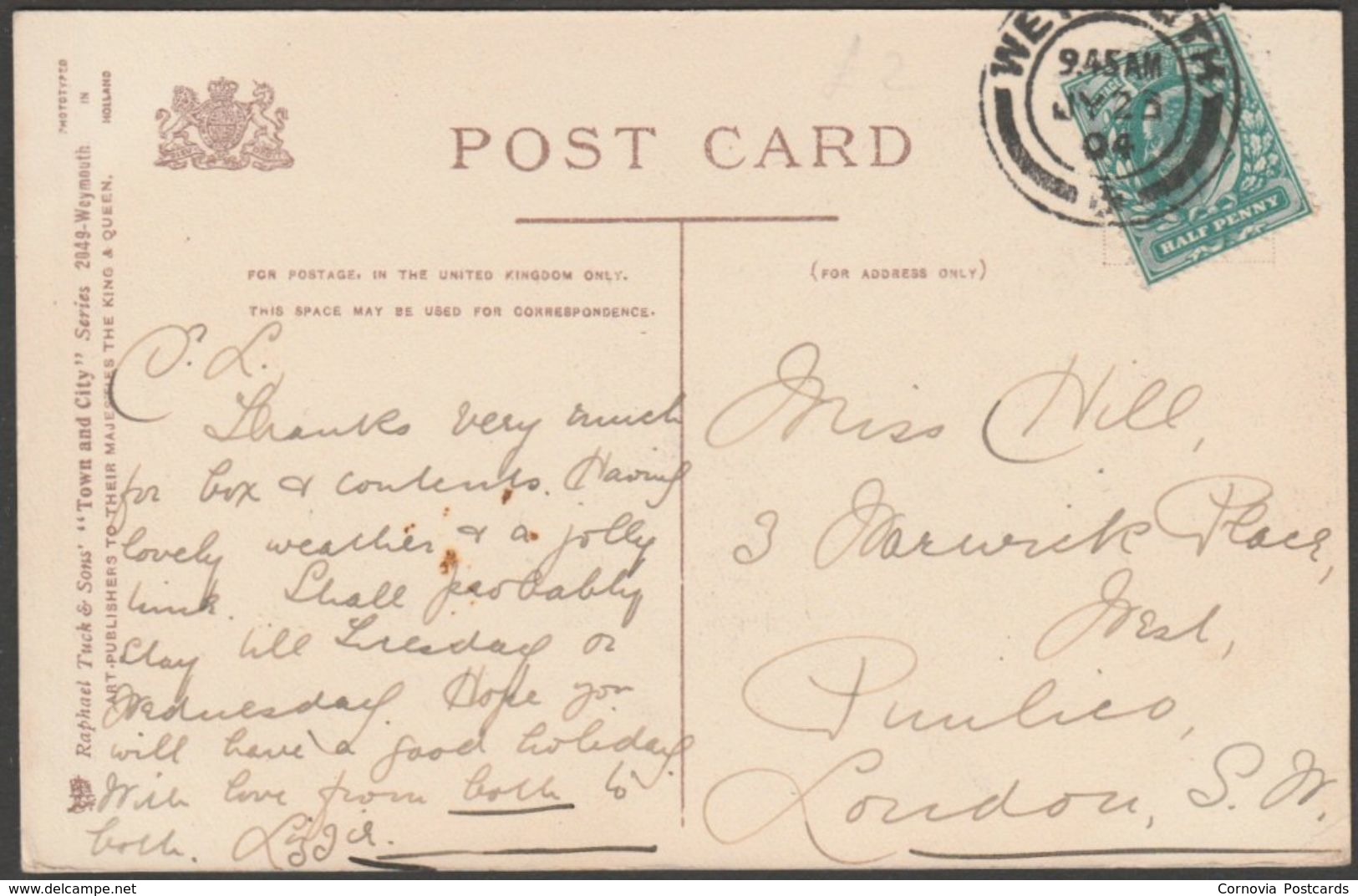 Swans, Weymouth, Dorset, 1904 - Tuck's Postcard - Weymouth