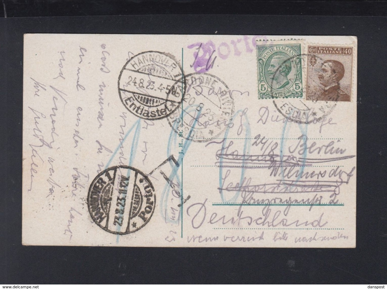 Italien AK Gardone Nach Deutschland Hannover Porto Und Entlastet 1923 - Briefe U. Dokumente