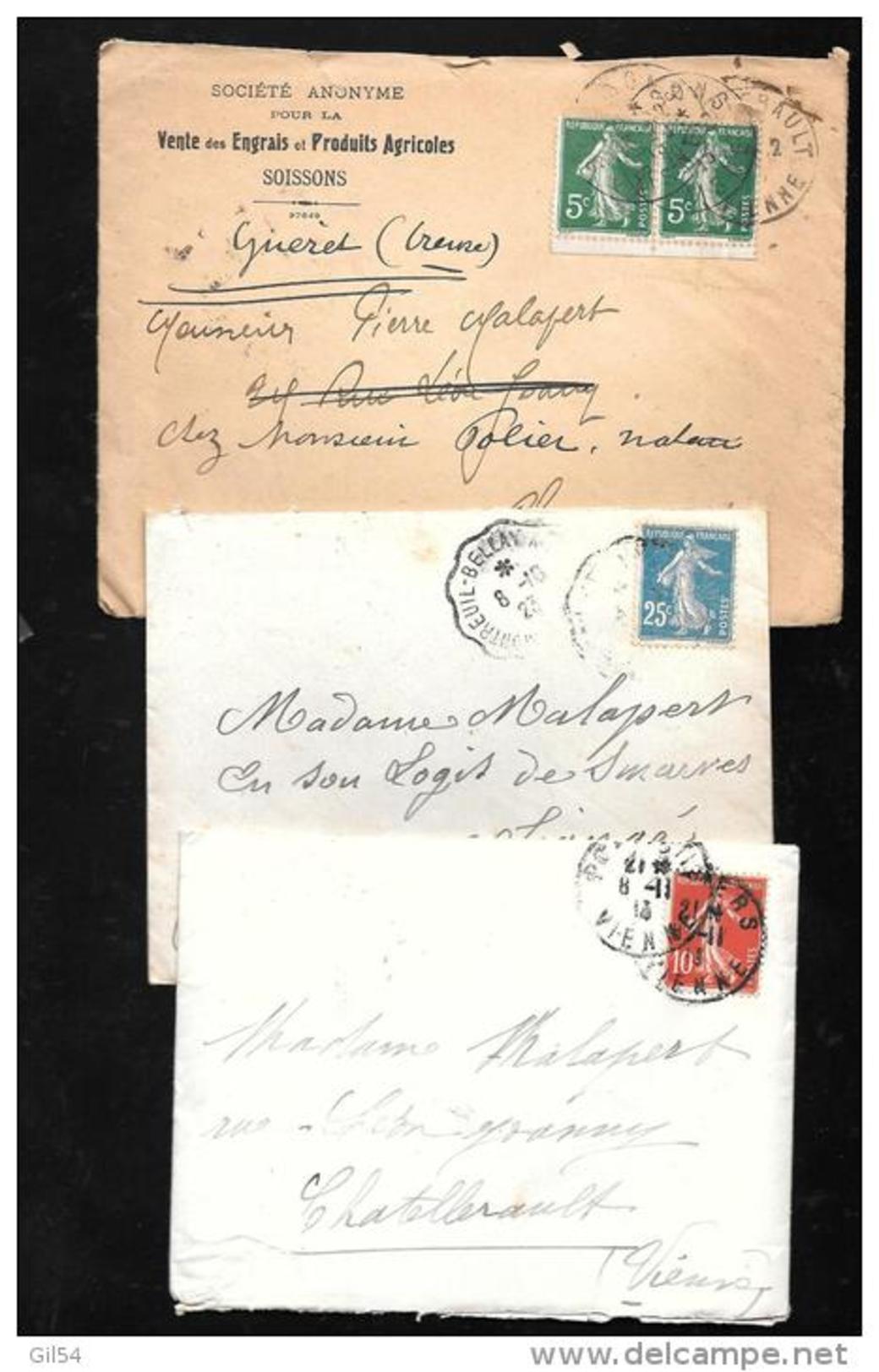 Lot De 3 Lettres  Affranchies Par Semeuses Camées )   - Bb14707 - 1906-38 Semeuse Camée
