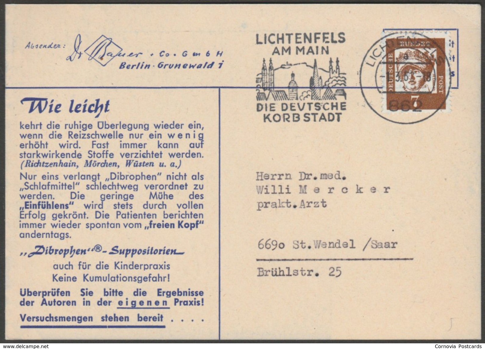 Advertising, Reklame - Dibrophen, Phenobarbitone, 1962 - Dr Bauer Postkarte - Advertising