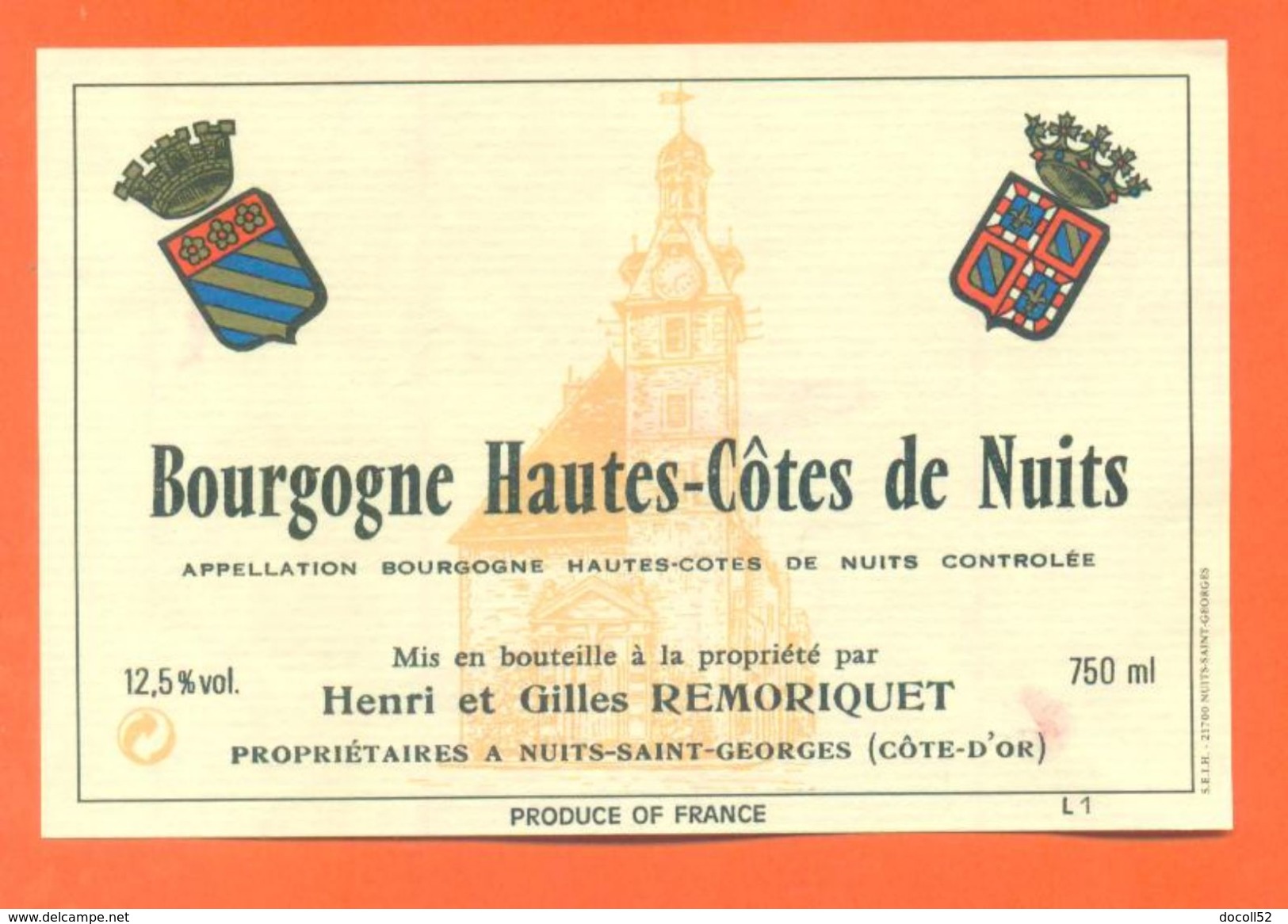 Etiquette Vin De Bourgogne Hautes Cotes De Nuits  G Remoriquet à Nuits Saint Georges - 75 Cl - Bourgogne