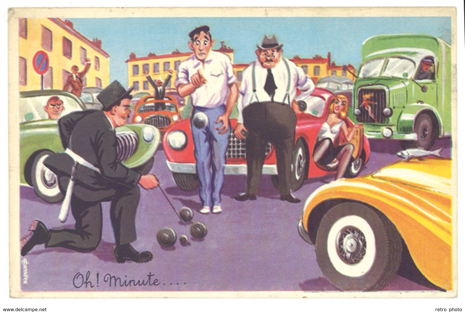 Cp Signée Carrière - Pin-up, Pétanque, Jeu De Boules, Camion, Policier - Carrière, Louis