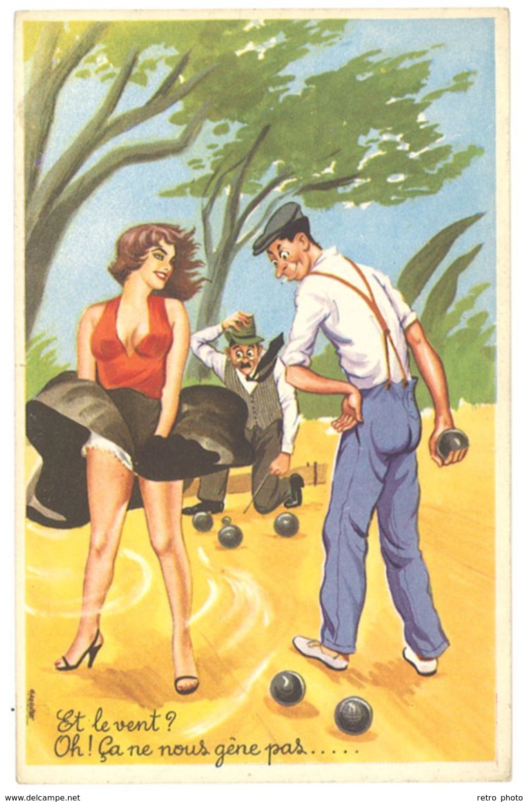 Cp Signée Carrière - Pin-up, Pétanque, Jeu De Boules, Vent - Carrière, Louis