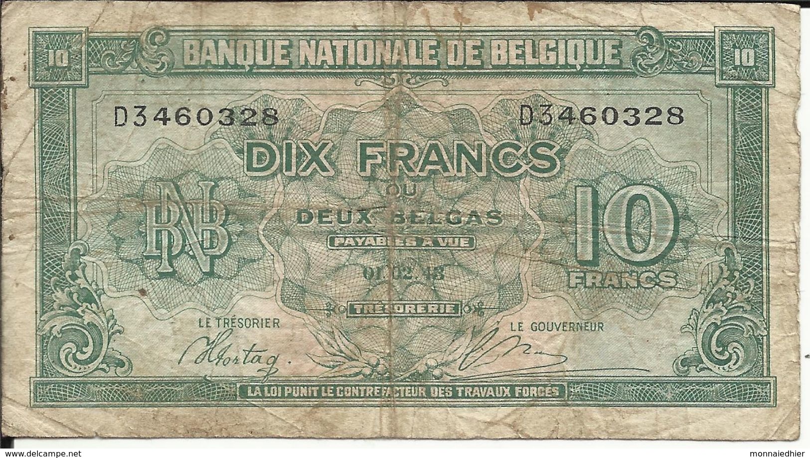 ROYAUME DE BELGIQUE , 10 Francs , 01.02.1943 , N° World Paper Money : 122 - 10 Francs-2 Belgas