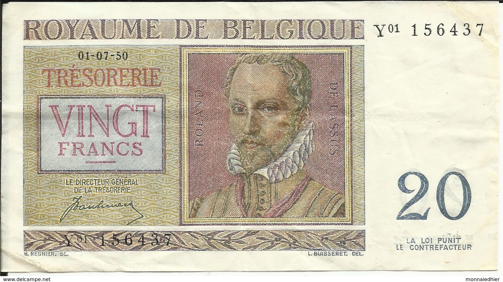ROYAUME DE BELGIQUE , 20 Francs , 01.07.1950 , N° World Paper Money : 132 A - Autres & Non Classés