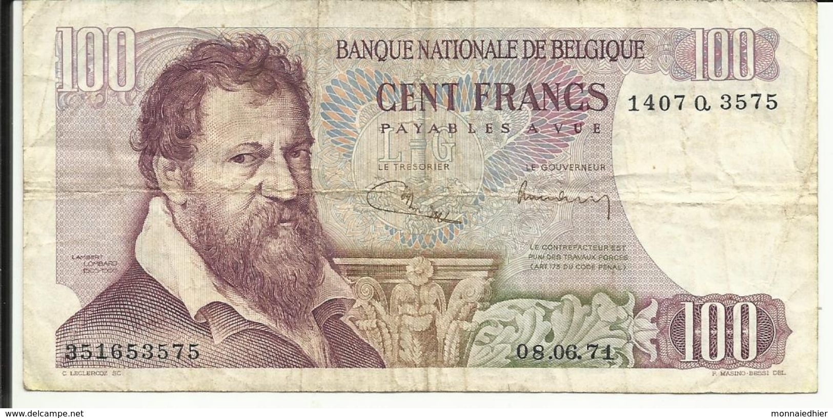 BELGIQUE , 100 Francs , 08.06.1971 , N° World Paper Money : 134 B - 100 Francs