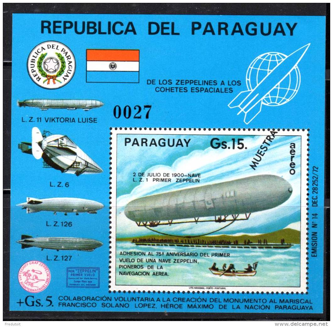 PARAGUAY - 1975 - BLOC N°256 ** - ZEPPELIN - MUESTRA - Paraguay