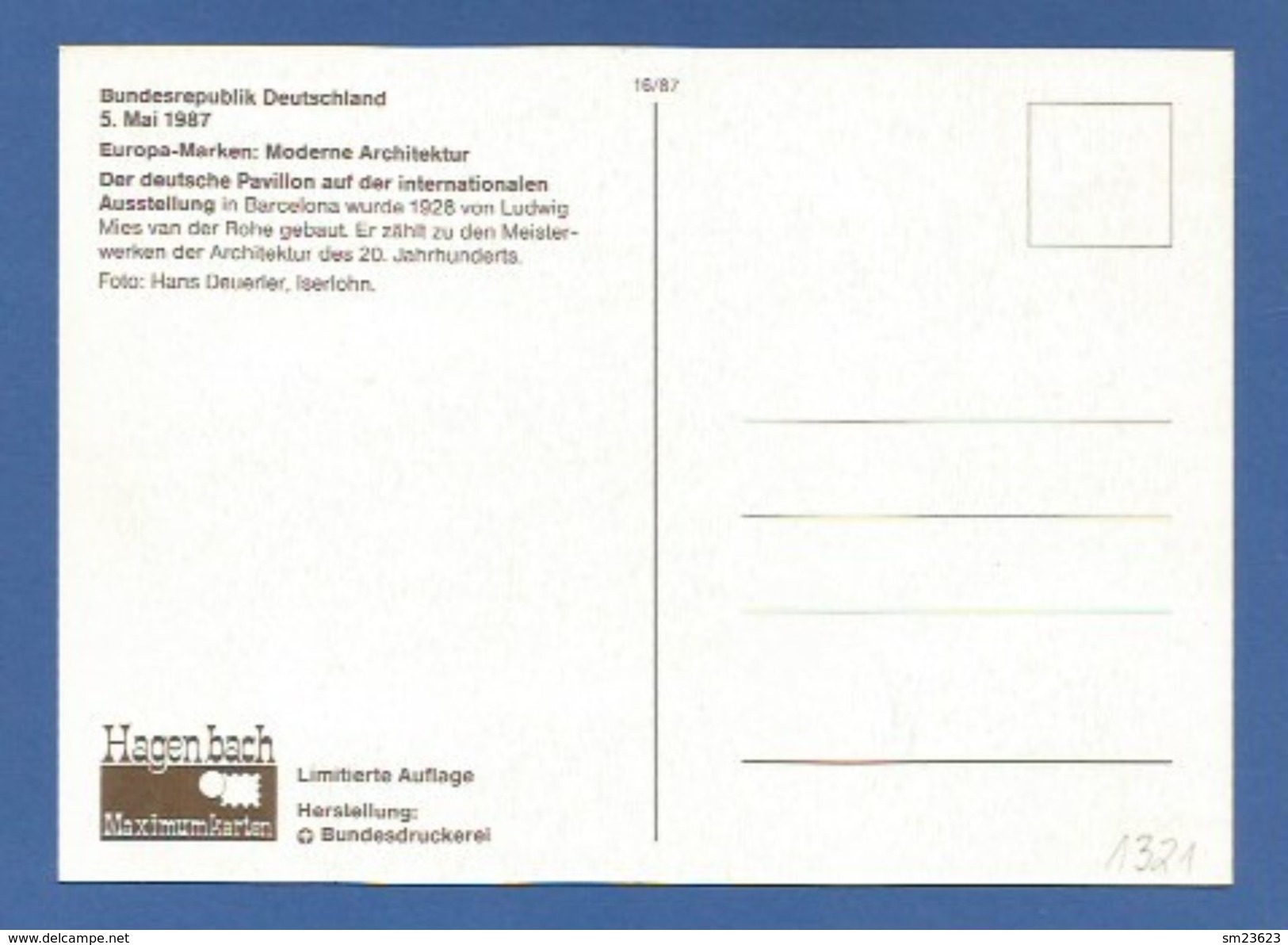 BRD 1987 Mi.Nr. 1321 , EUROPA CEPT Moderne Architektur - Hagenbach Maximum Card - Erstausgabetag Bonn 05.05.1987 - 1987