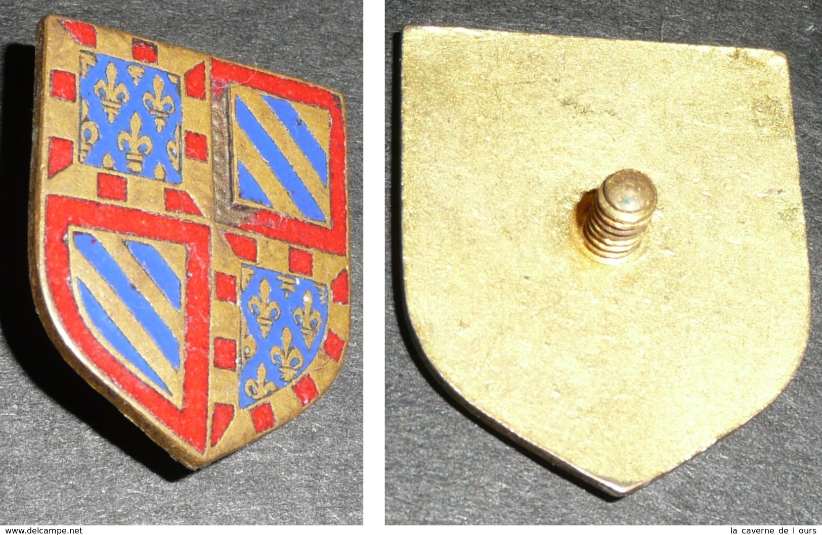 Rare ECUSSON De Boutonnière, émaillé Rouge Et Bleu, émail, Fleurs De Lys, Héraldique, Régions, Touraine ?? - Obj. 'Souvenir De'