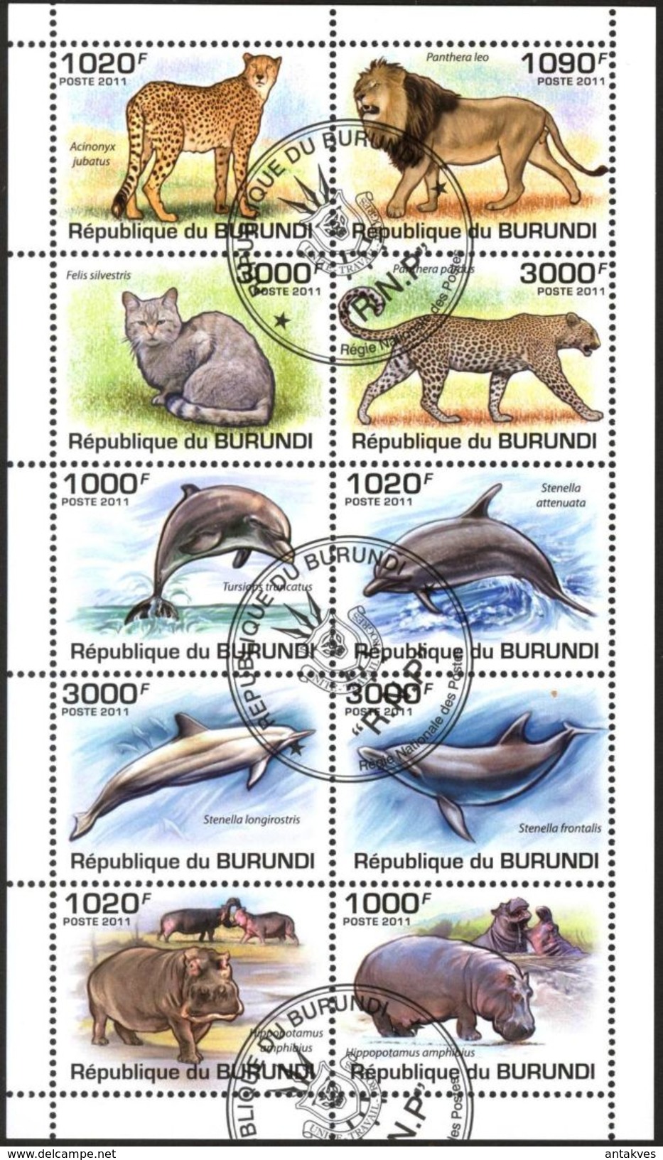 {BU04} Burundi 2011 Dolphins Wild Cats Lions Hippopotamus Sheet Used / CTO - Gebruikt