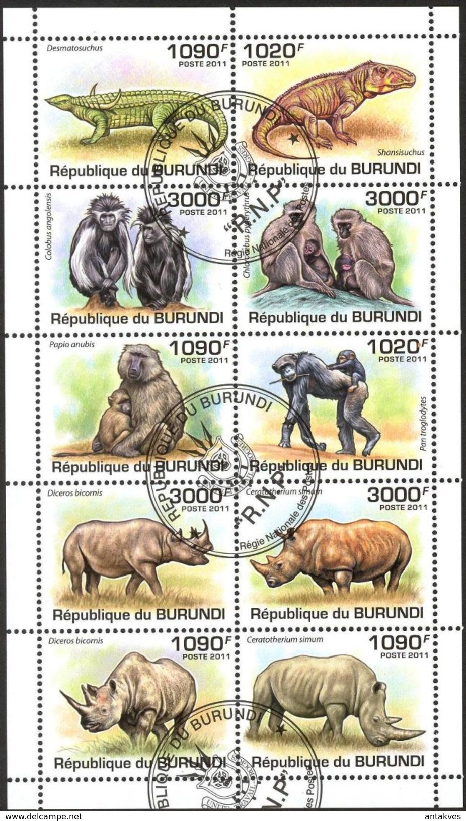 {BU09} Burundi 2011 Dinosaurs Monkeys Rhinoceros Sheet Used / CTO - Oblitérés