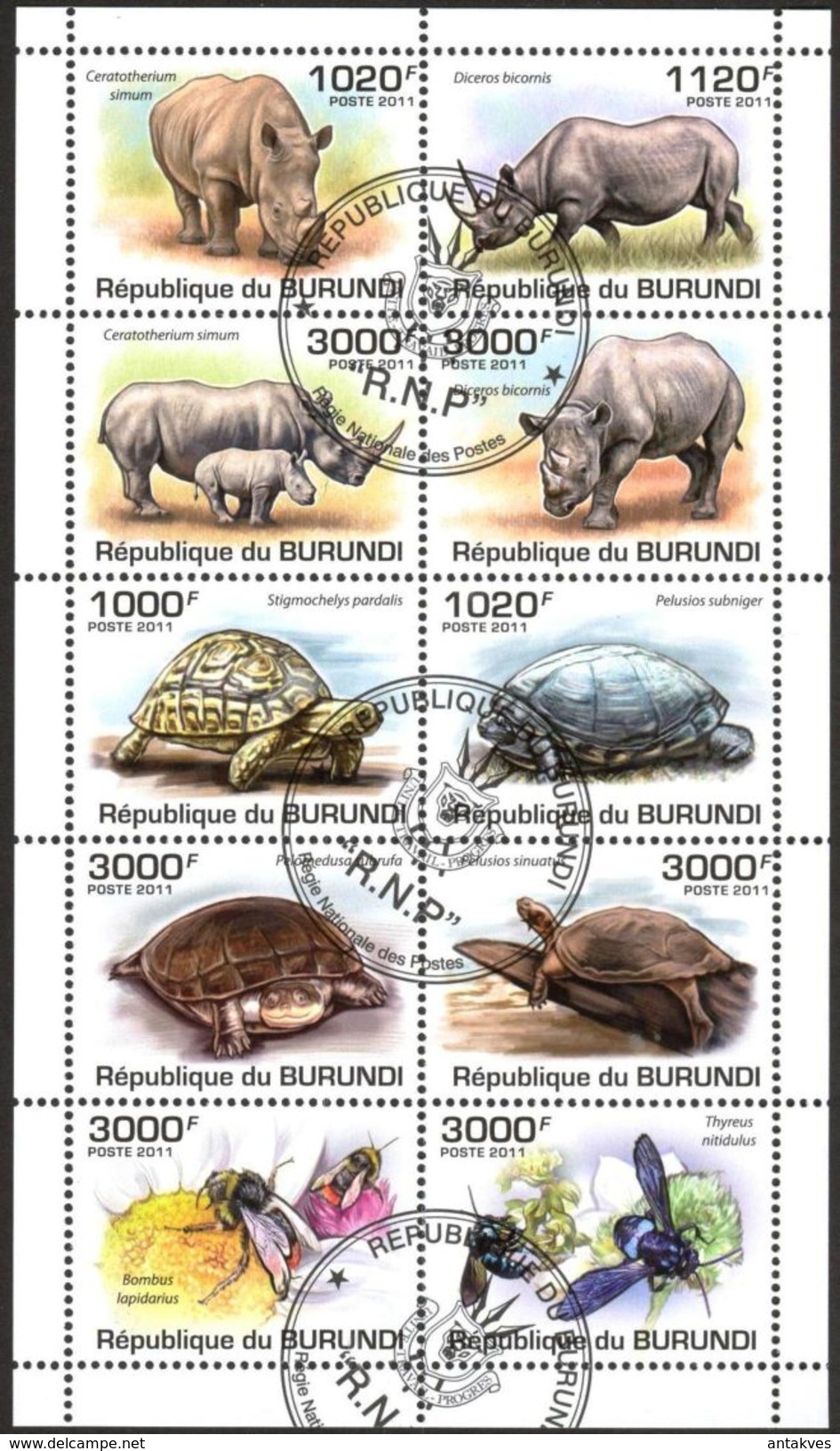 {BU10} Burundi 2011 Turtles Honey Bees Rhinoceros Sheet Used / CTO - Oblitérés