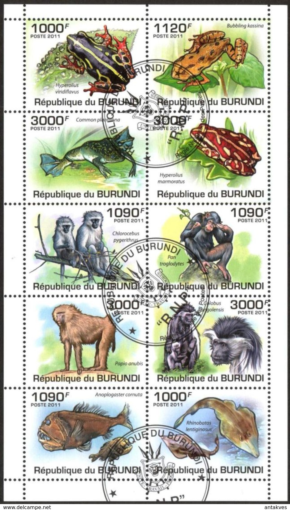 {BU12} Burundi 2011 Monkeys Fishes Frogs Sheet Used / CTO - Oblitérés