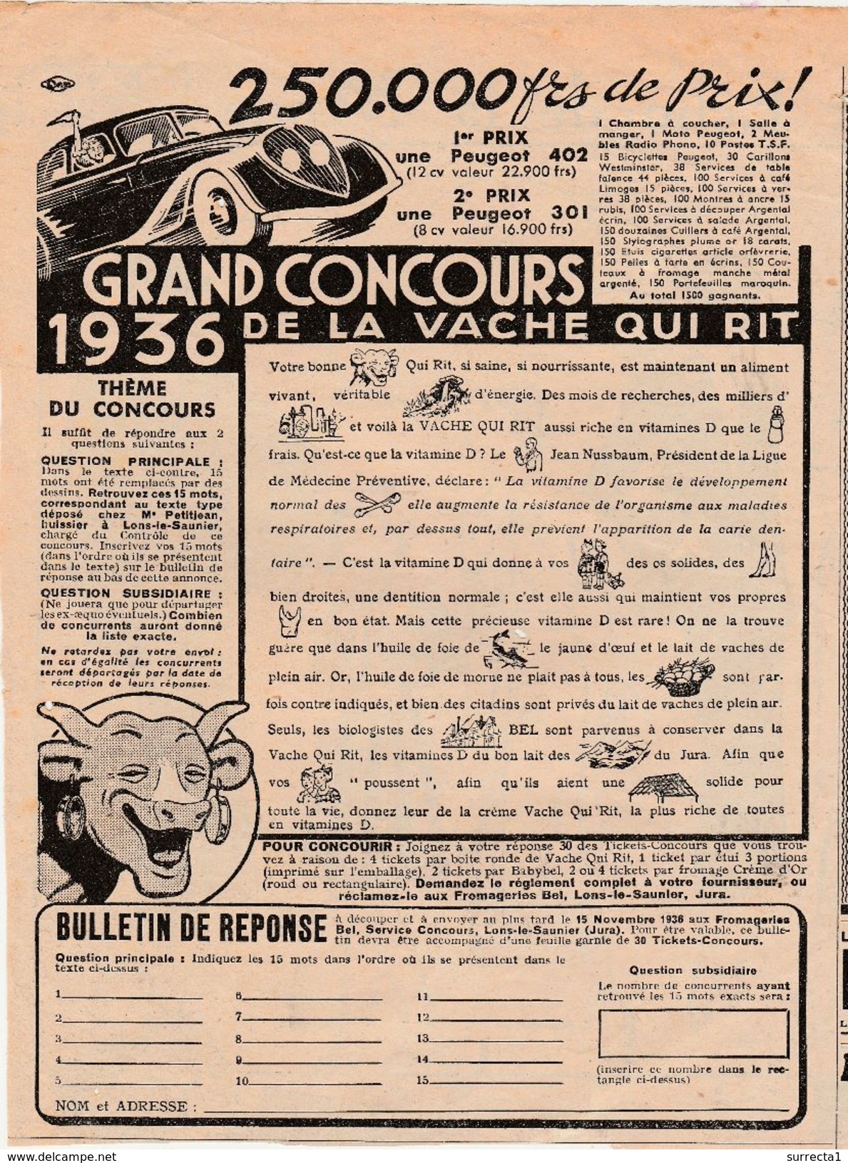 Publicité 1936 / Grand Concours De La Vache Qui Rit / Voiture Peugeot 402 Et 301 à Gagner / Rébus - Other & Unclassified