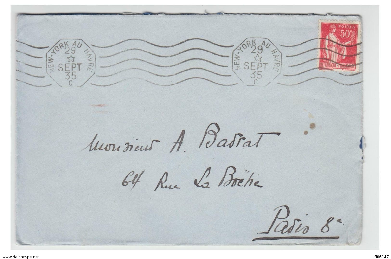 FRANCE -- LE NORMANDIE -- LETTRE DE 1935 -- OBLITERATION MECANIQUE " NEW-YORK AU HAVRE C " - Poste Maritime