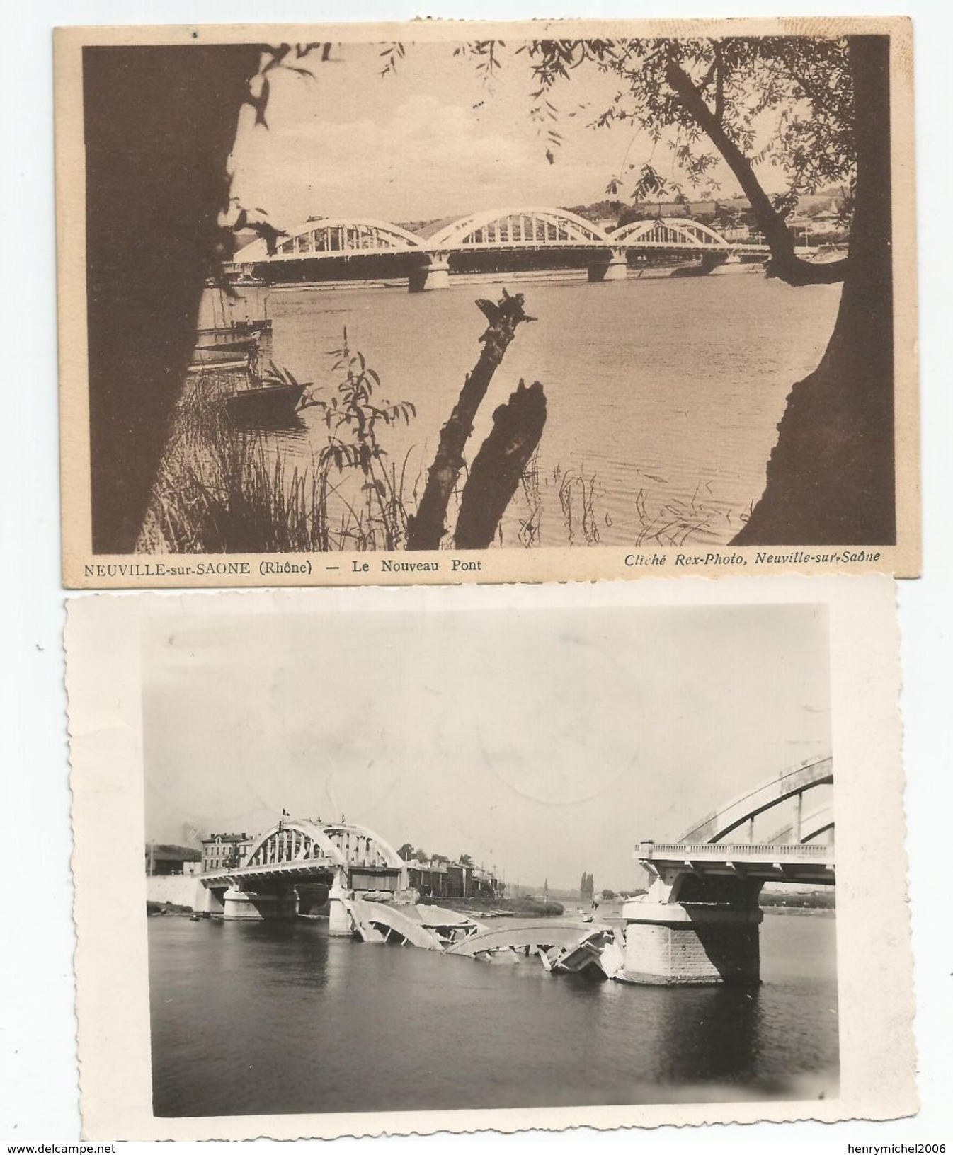 Rhone 69 - Neuville Sur Saone Lot 2 Cpa Dont Carte Photo Pont Détruit Par Les Allemands Cachet 1945 Voir Timbres Dos - Neuville Sur Saone