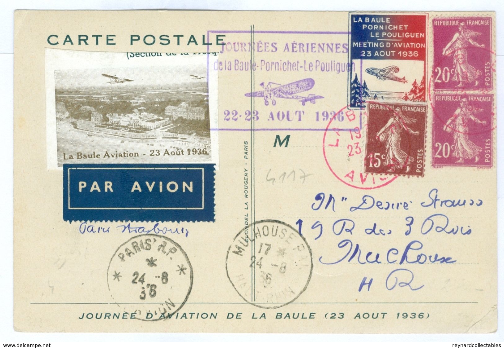 1936 France Aero Club De Atlantique Card, La Baule-Pornichet-Le Pouliguen With Vignettes/postmarks - 1927-1959 Covers & Documents