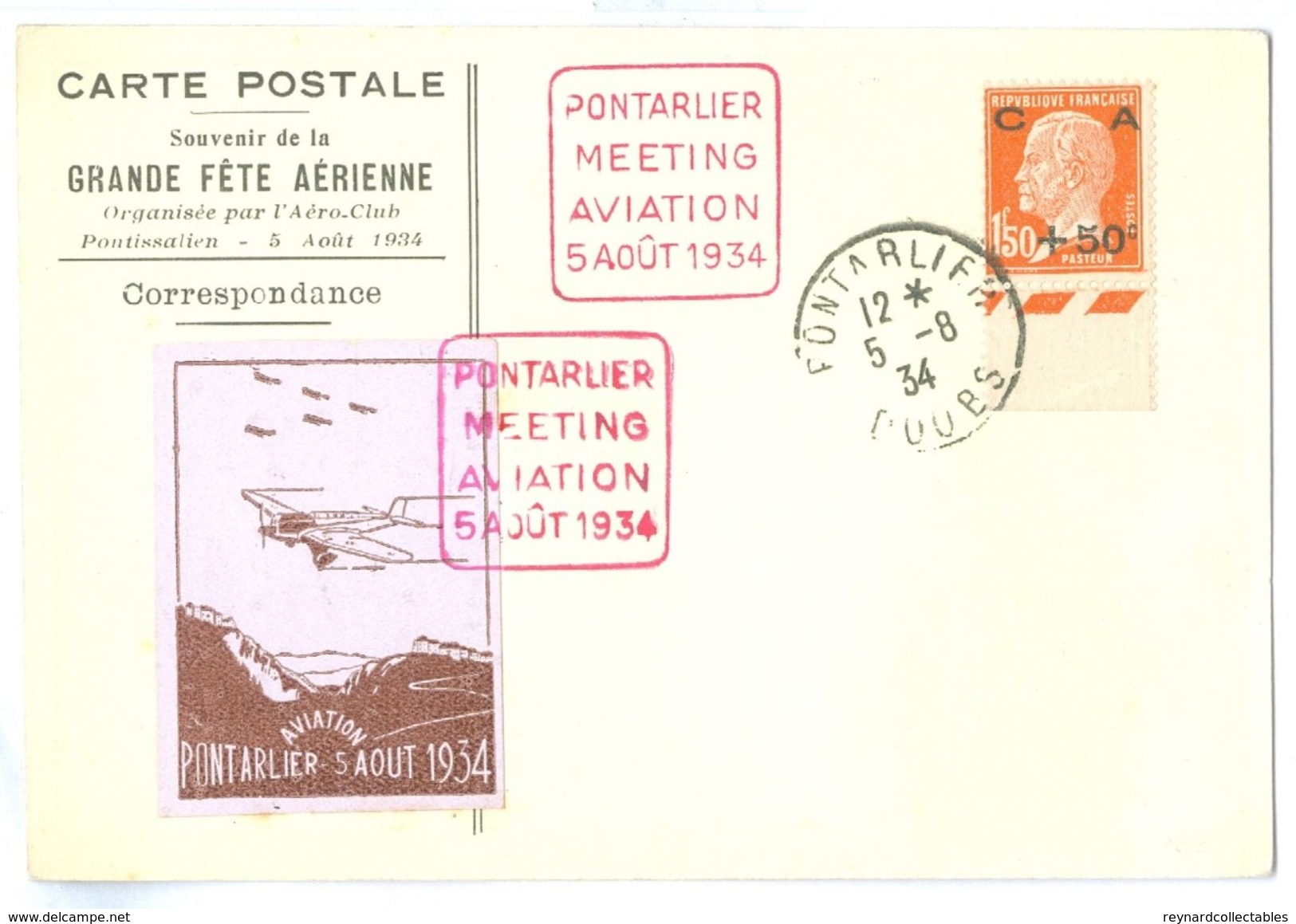 1934 France Grande Fete Aerienne Pontarlier Airplane Picture Pc With Vignette, Sinking Fund Stamp - 1927-1959 Covers & Documents