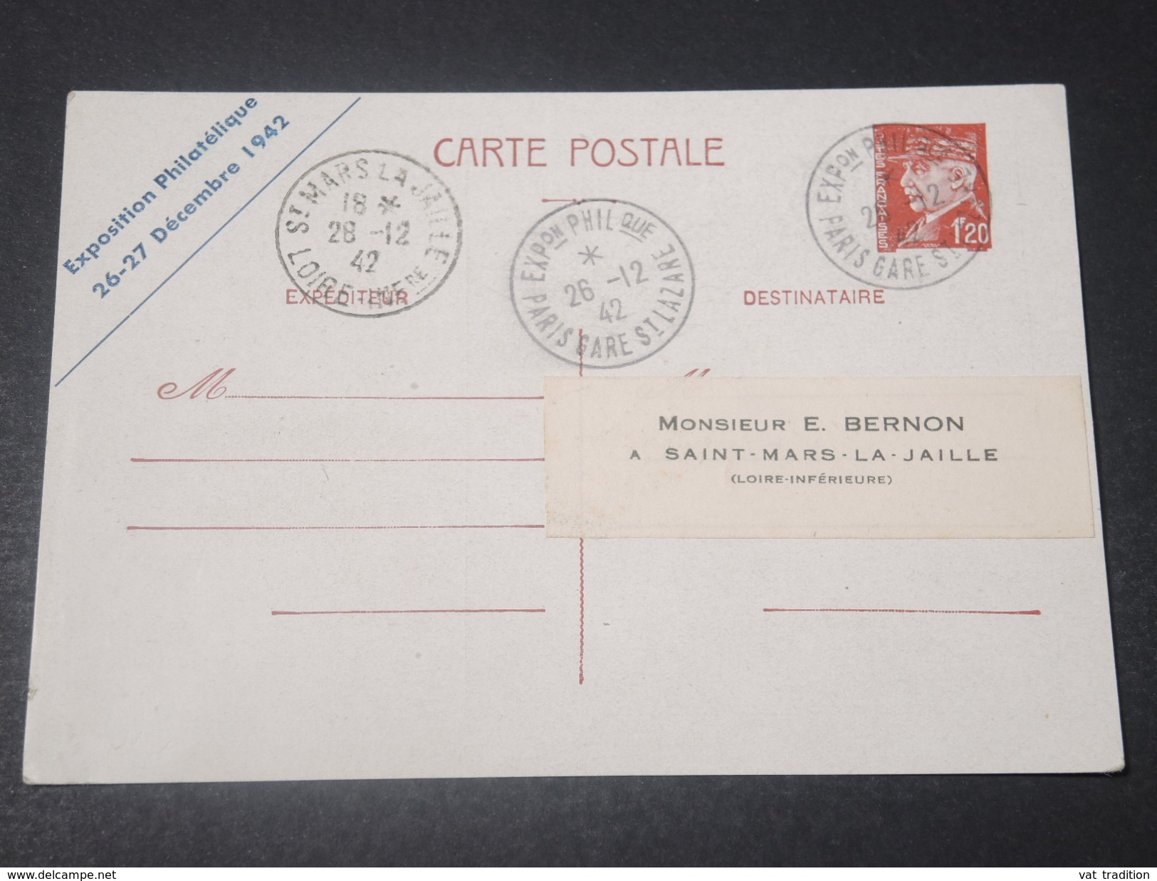 FRANCE - Entier Postal Type Pétain , Repiquage Exposition Des Cheminots En 1942 Pour St Mars La Jaille - L 11455 - Overprinter Postcards (before 1995)