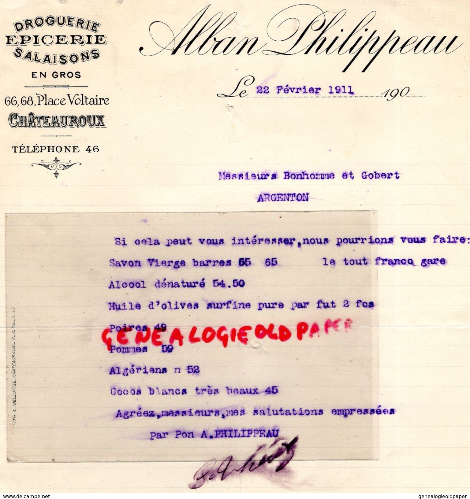 36- CHATEAUROUX- RARE FACTURE ALBAN PHILIPPEAU-DROGUERIE EPICERIE  SALAISONS-66 PLACE VOLTAIRE-1911 - Droguerie & Parfumerie