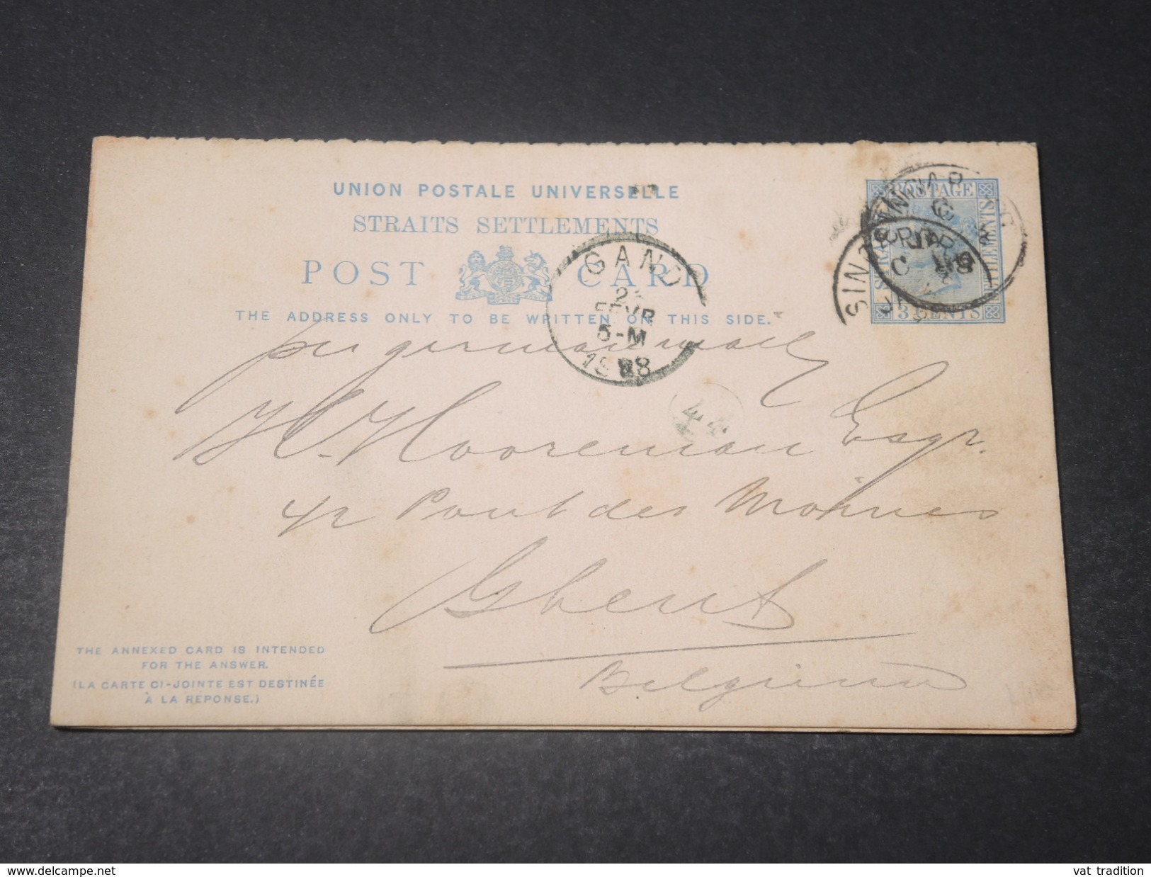 SINGAPOUR - Entier Postal + Réponse En 1888 Pour La Belgique - L 11461 - Singapour (...-1959)