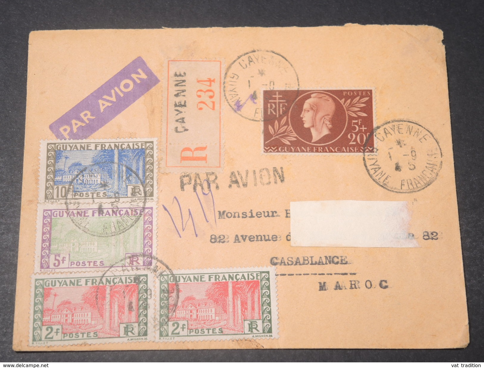 GUYANE - Enveloppe En Recommandé De Cayenne Pour Casablanca En 1945 Avec étiquette Pour La Douane Au Verso - L 11462 - Lettres & Documents