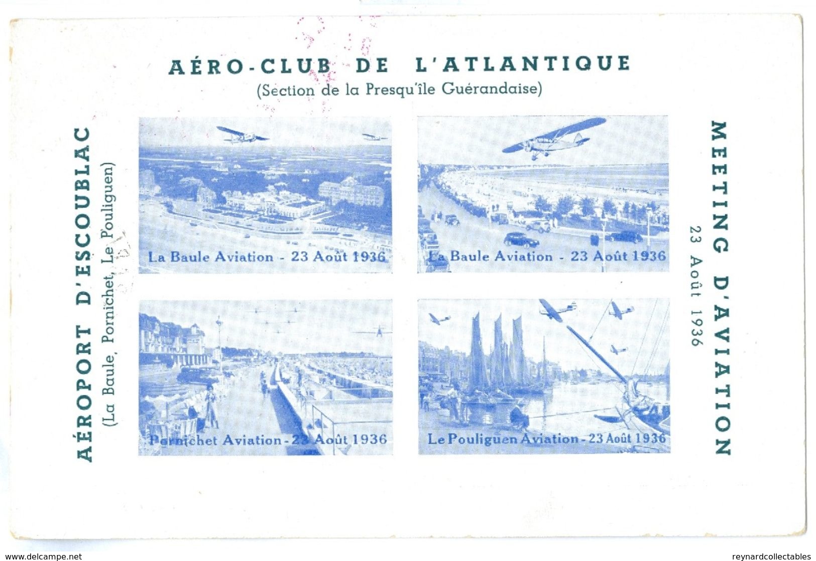 1936 France Aero Club De Atlantique Card, La Baule-Pornichet-Le Pouliguen With Vignettes/postmarks - 1927-1959 Covers & Documents