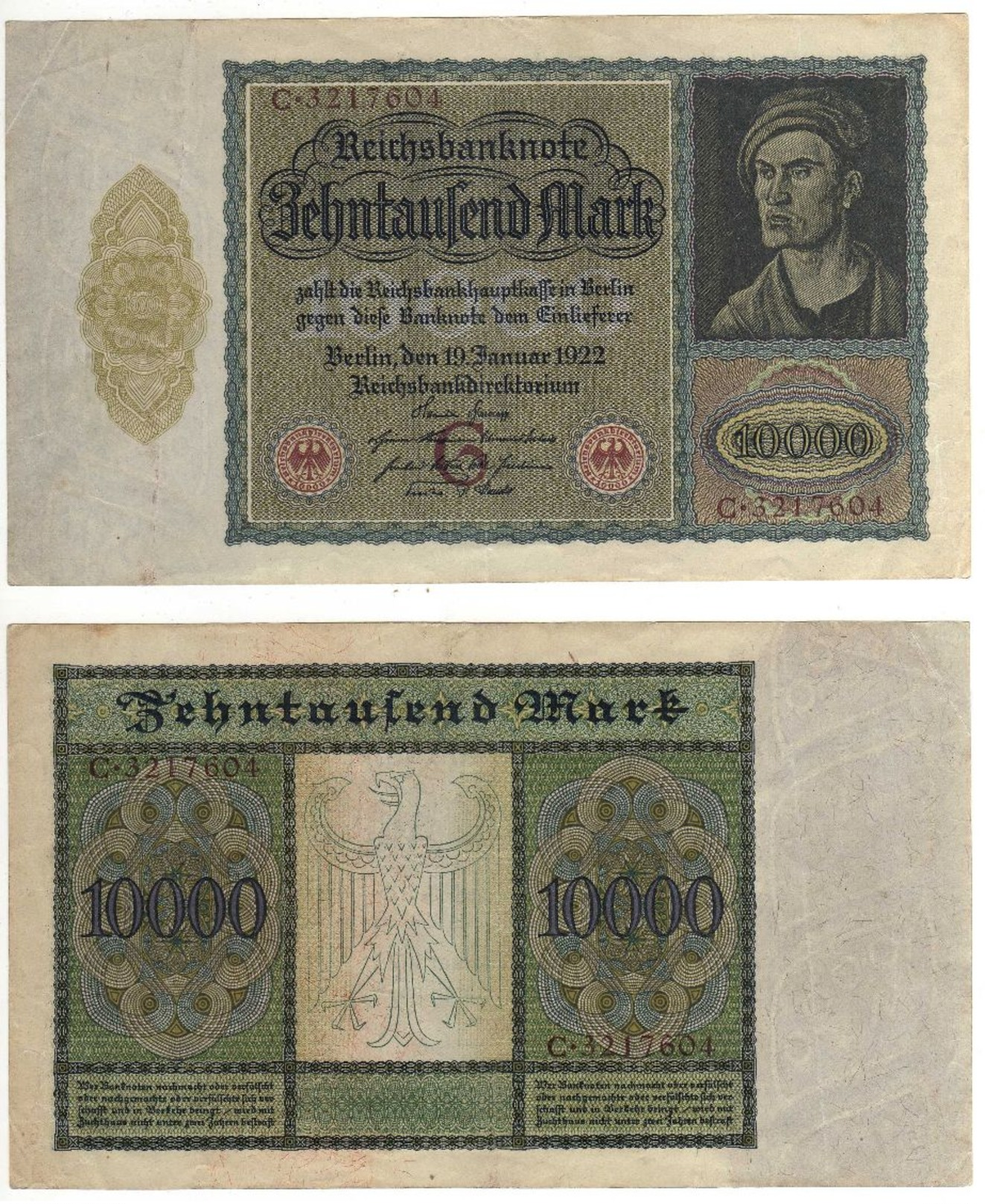 Banknote Reichsbanknote 10000 Mark, 19.Januar 1922. - 10000 Mark