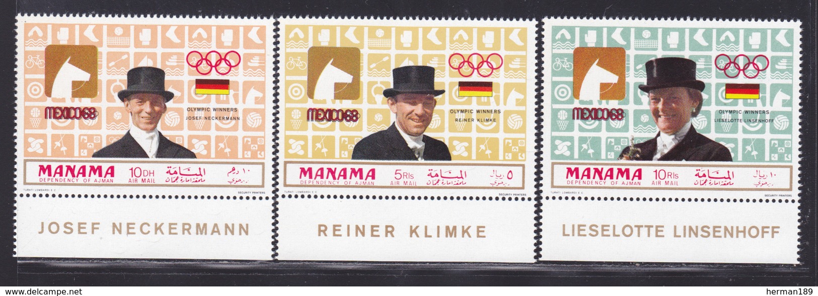 MANAMA AERIENS N°   28 ** MNH Neufs Sans Charnière, 3 Valeur, TB (D4215) Vainqueurs équitation, Jeux Olympiques, Mexico - Manama