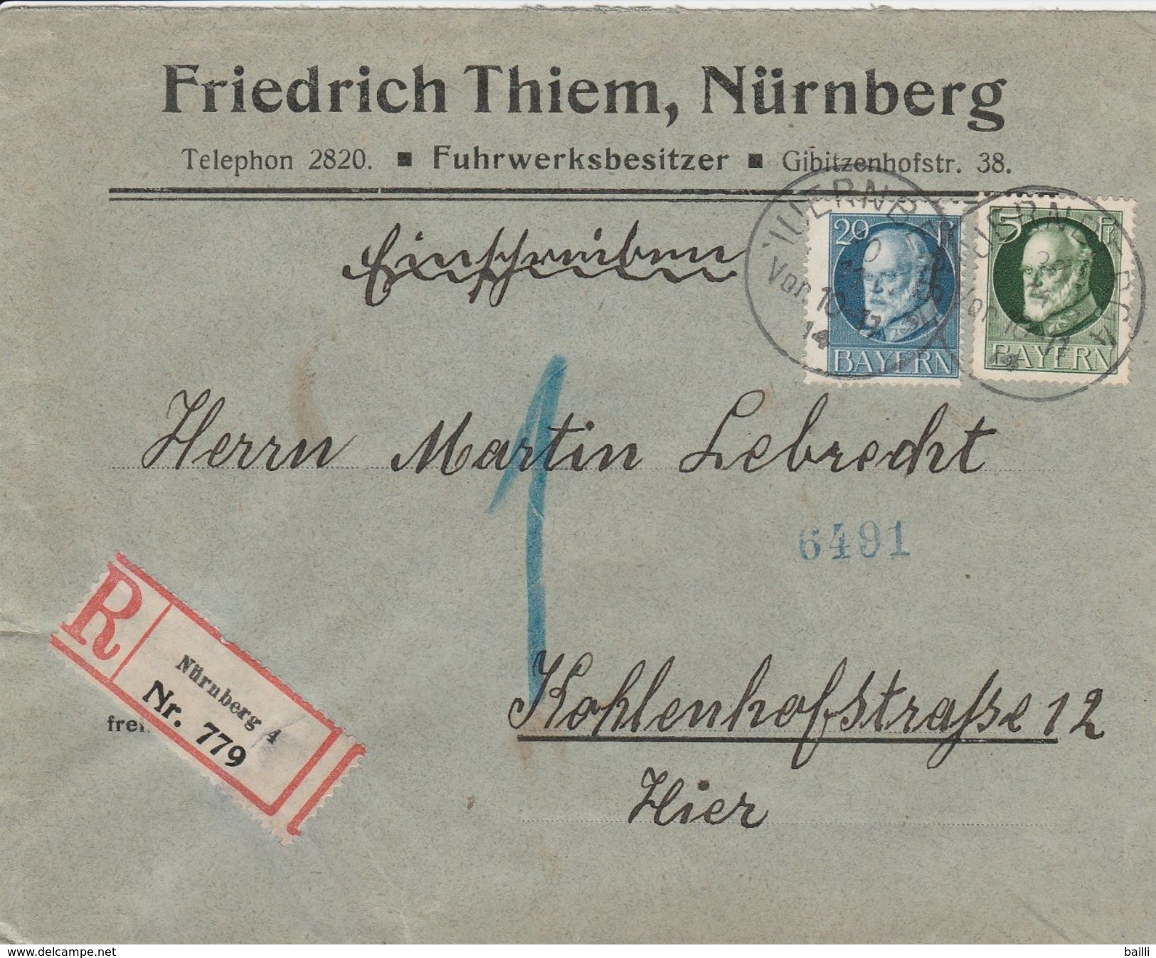 Allemagne Bavière Lettre Recommandée Nürnberg 1914 - Altri & Non Classificati