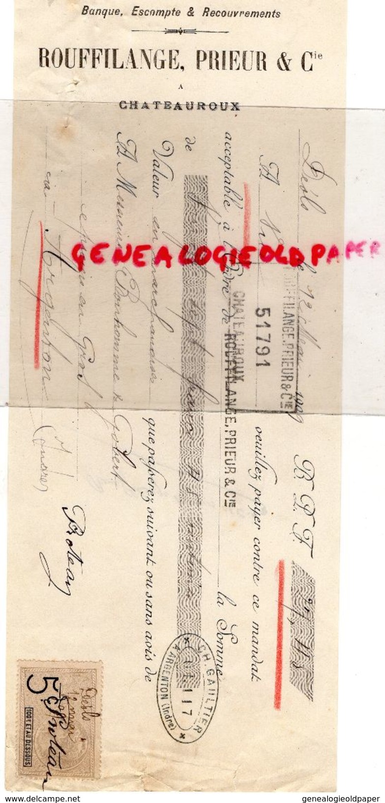 36- CHATEAUROUX- DEOLS- RARE TRAITE ROUFFILANGE PRIEUR- BANQUE ESCOMPTE - 1909 - Bank En Verzekering