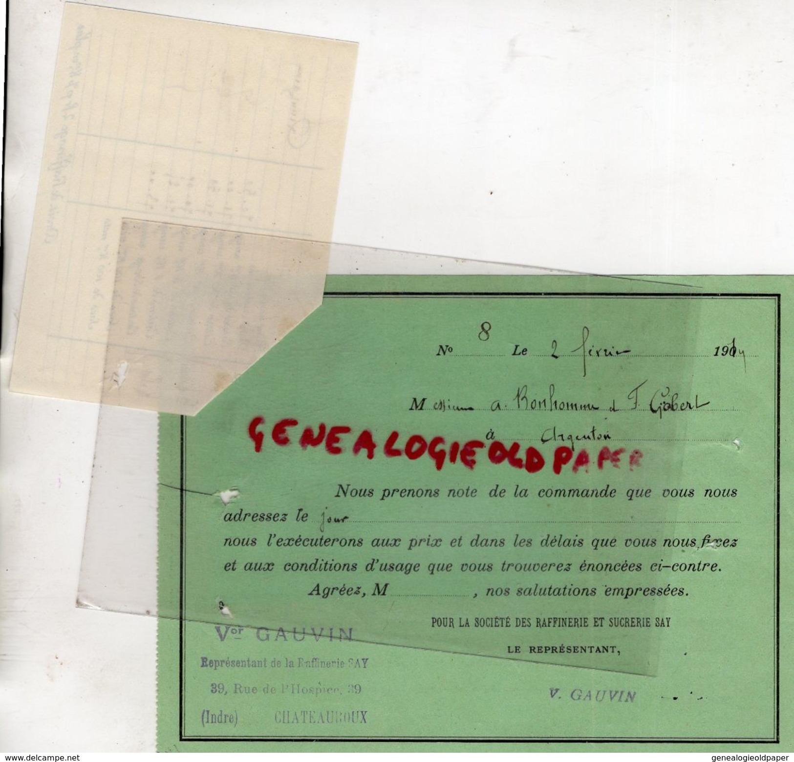 36- CHATEAUROUX-RARE BON COMMANDE PRIX RAFFINERIE SUCRERIE SAY-REPRESENTANT VICTOR GAUVIN-39 RUE HOSPICE-1914 - Alimentaire