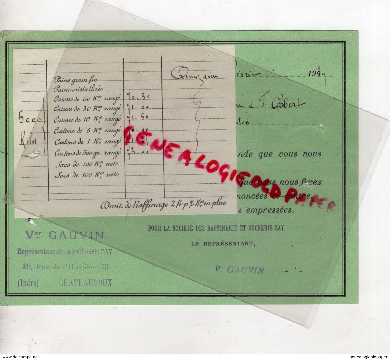 36- CHATEAUROUX-RARE BON COMMANDE PRIX RAFFINERIE SUCRERIE SAY-REPRESENTANT VICTOR GAUVIN-39 RUE HOSPICE-1914 - Alimentaire