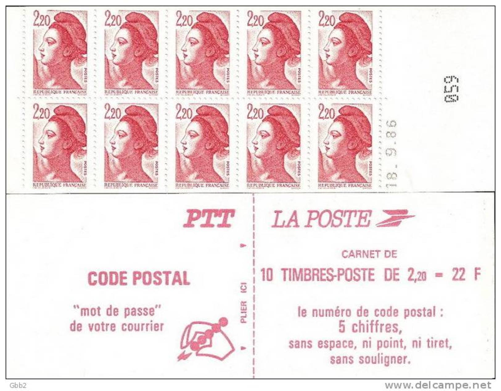 CARNET 2427-C 1 Liberté De Delacroix "CODE POSTAL" Non Daté. Bas Prix. - Autres & Non Classés