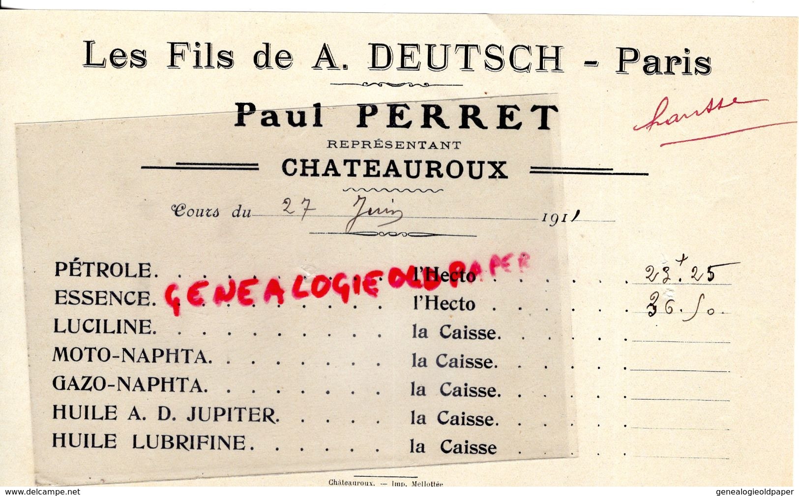 36- CHATEAUROUX-RARE DOCUMENT COURS PETROLE-ESSENCE -HUILE JUPITER-1911- LES FILS DE A. DEUTSCH PARIS-PAUL PERRET - Petits Métiers