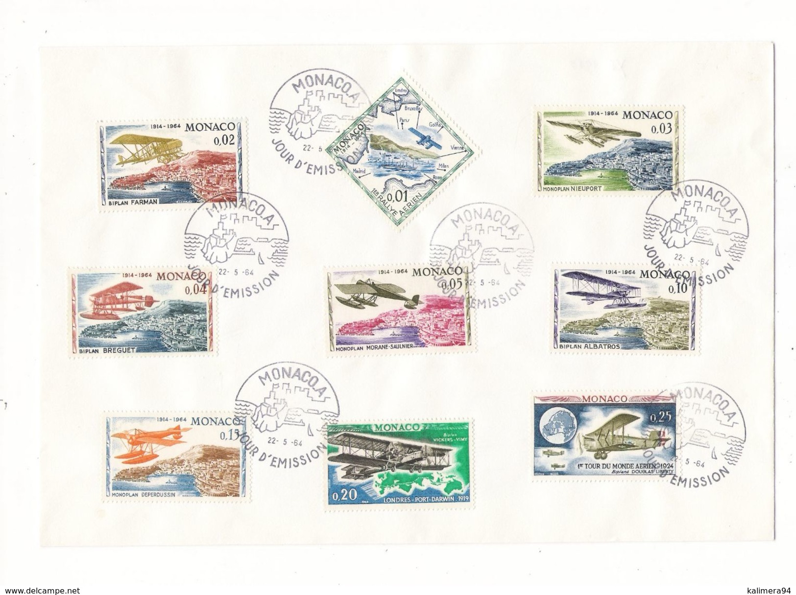 MONACO / 1er RALLYE AERIEN  ( 9 Timbres Sur Grande Enveloppe : BIPLAN FARMAN + BREGUET .....) /  Date  :  22-5-1964 - FDC