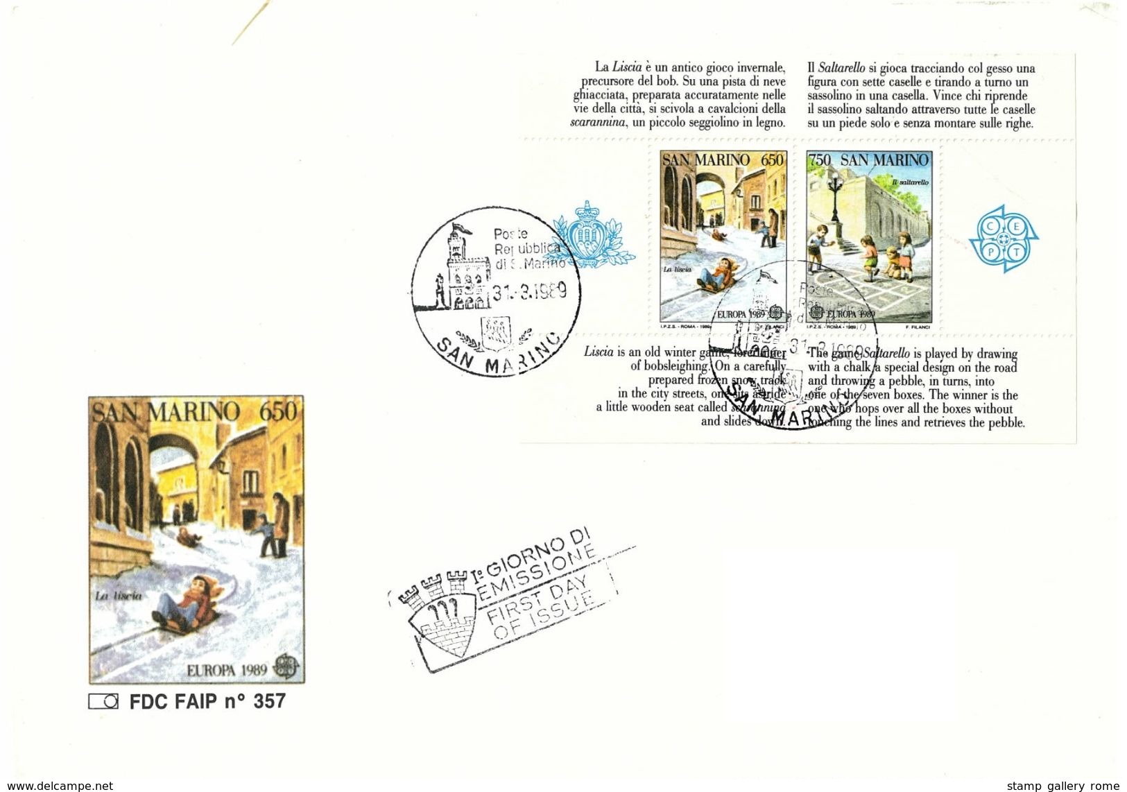 FAIP - FDC  - EUROPA 1989 - ANNO 1989 - SAN MARINO - FDC